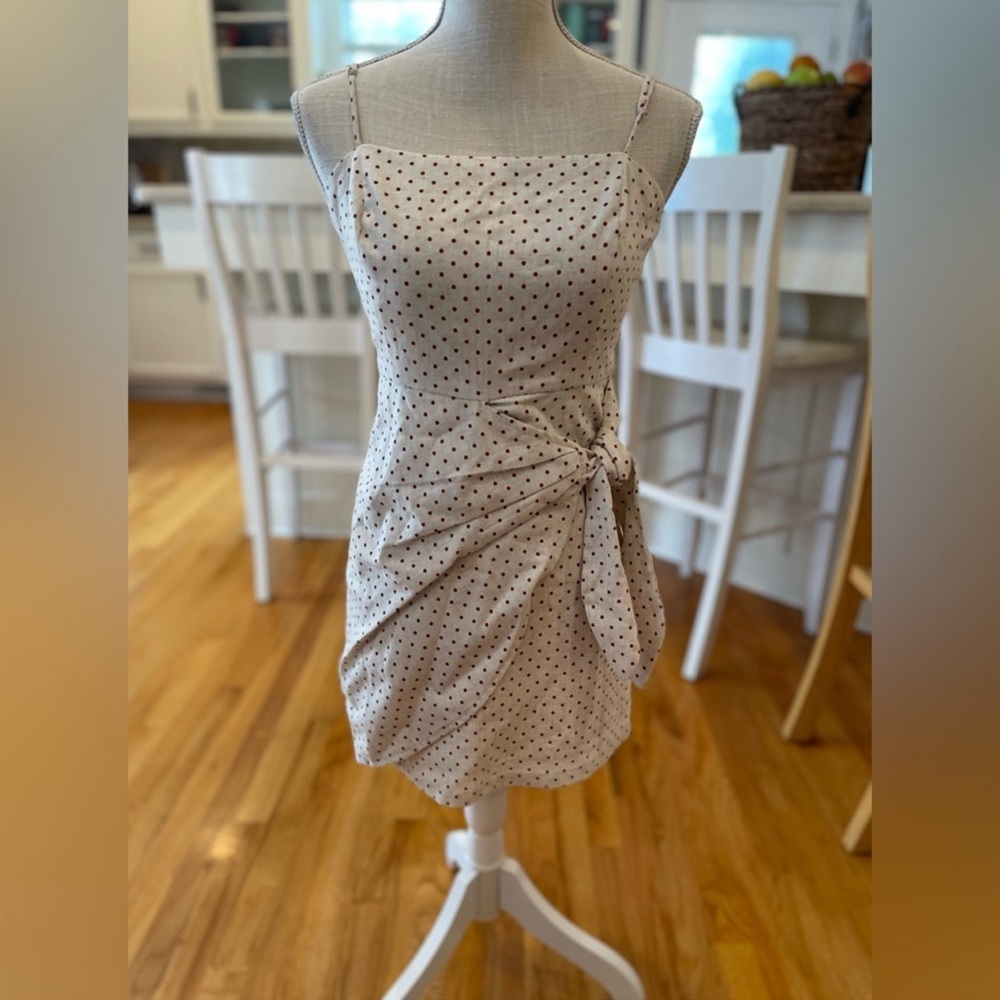 Essue cream and burgundy polka dot wrap mini dress